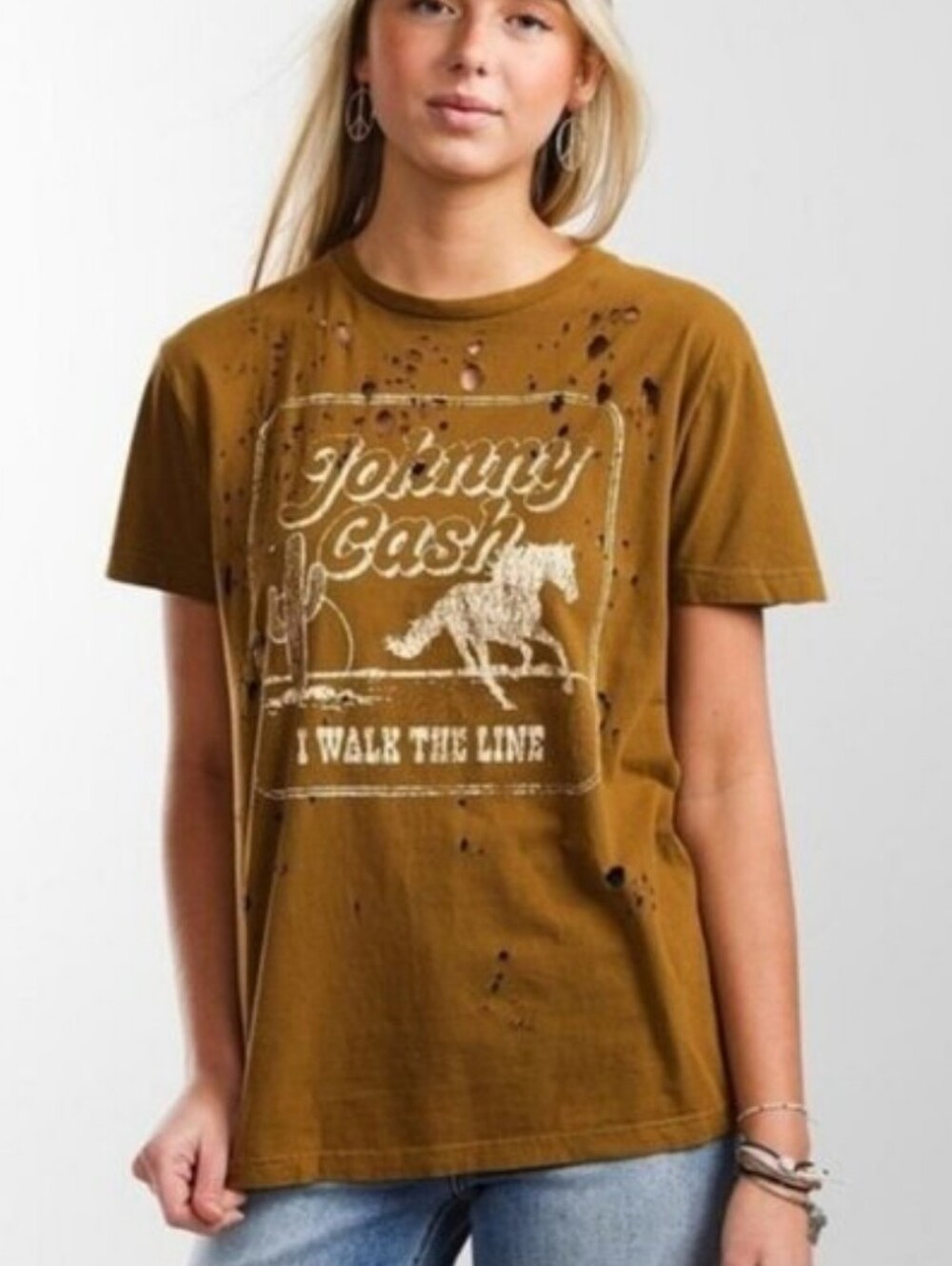 Johnny Cash Distressed Graphic T-shirt Size Small New Buckle Band Tee 70s